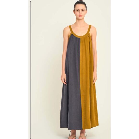 Grade and Gather Sz L Two Tone Maxi Dress Charcoal/Golden Rod Fall Lagenlook - Picture 1 of 13